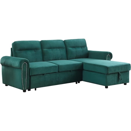 Homestock Natural Beauty Green Velvet Fabric Reversible Sleeper Sectional Sofa Chaise - 61"D x 96.5"W x 36"H, Sleeper Type, Velvet Upholstery Fabric Type-Color:Green