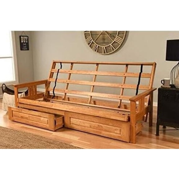 Natural Beauty Wooden Futon Frame Set with Mattress, Queen Size Futon Frame with Mattress, Straight Arm, Versatile and Convertible Design Futon Frame for All Spaces