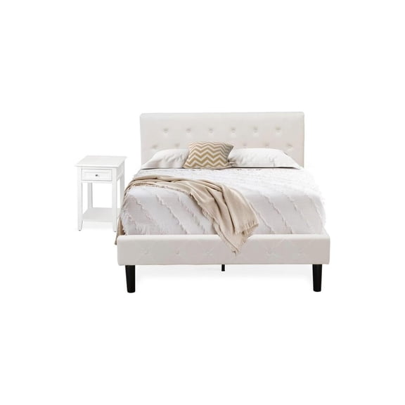 Homestock Old World Charm 2 Piece Bed Set - Button Tufted Wood Bed Frame - Velvet Fabric Upholstered Headboard And A Nightstand-Color:Linen White/White,Size:Full