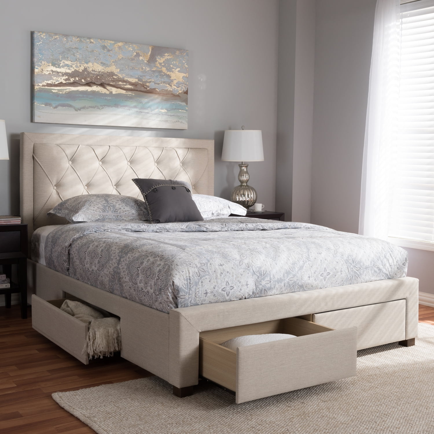 Beige King Upholstered Storage Bed with Tufted Headboard and Drawers