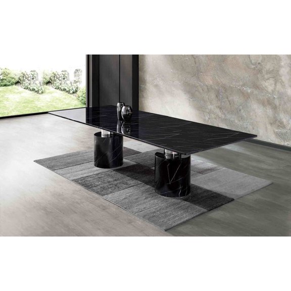 Extra Large Dining Table - Black Marble Glossy Top, Stainless Steel Base - Modern Dining Room Table