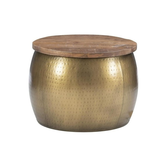 Homestock Renaissance Revival Large Brass Gold Drum With Storage, Hammered Metal, Mango Wood, Flip Top Closure, 27.5"L X 27.5"W X 18.5"H