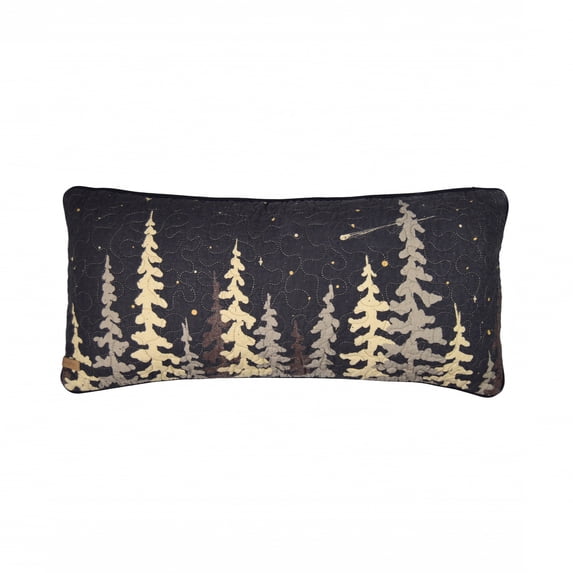 Homestock Renaissance Revival Rustic Rectangular Lodge Decorative Throw Pillow with Forest Pattern in Deep Charcoal, Shades of Slate Gray, Khaki and Soft Gold