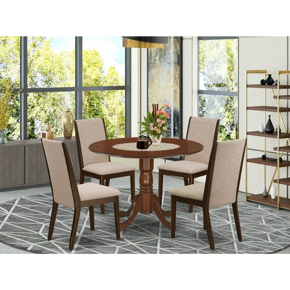 Homestock Renaissance Rhapsody 5 Piece Round Kitchen Table Set Included A Mid Century Dining Table & 4 Kitchen Chairs, Light Tan Linen Fabric Kitchen Chairs Seat With Rubber Wood Legs, Mahogany Finish