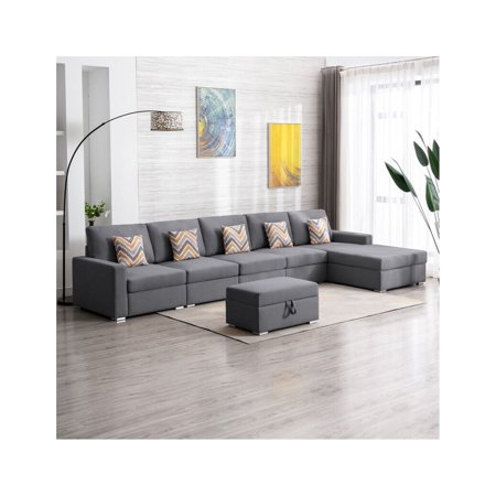 Homestock Renaissance Rhapsody Linen Fabric 6Pc Reversible Sectional Sofa Chaise with Interchangeable Legs, Pillows and Storage Ottoman