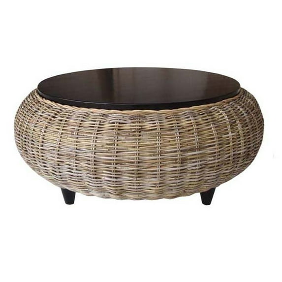 HomeStock Renaissance Rhapsody Ottoman with Wood Top - 44" x 44" x 17.75", Durable Kubu Wicker, Stylish Gray Weaving, No Assembly Required!