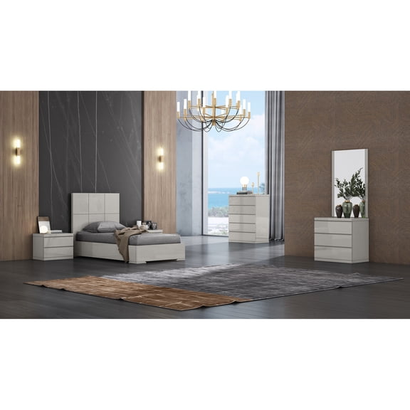 Twin Bed with Headboard - Modern Squares Design, Light Grey Gloss Finish - Homestock Renaissance Romance