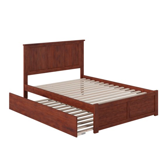 Full Size Platform Bed with TrundleUSB Port - Renaissance Romance Bed Frame, Walnut Finish
