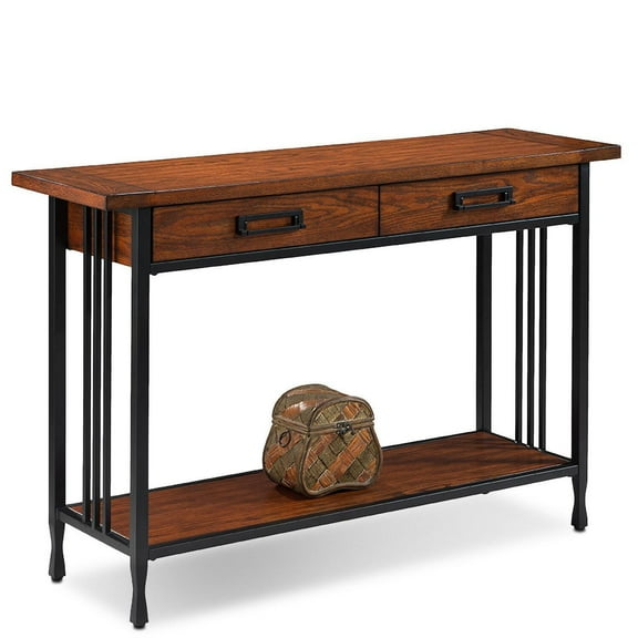 Hall Console Table 2 Drawer Sofa Table with Shelf, Rustic Entryway Table, Oak & Black Metal Finish, 46 Inch