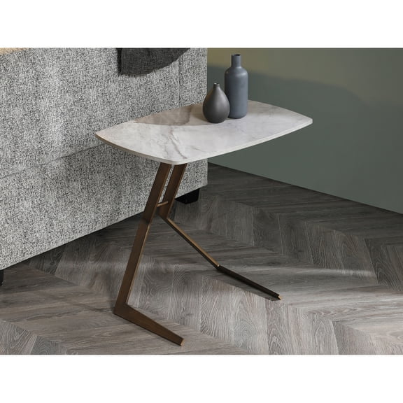 Renaissance Romance Side Table - Grey Ceramic Top & Bronze Metal Base - Accent Table