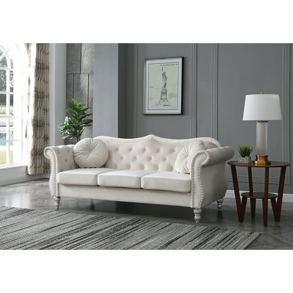 Velvet Sofa with Throw Pillows - Renaissance Romance Living Room Couch, Ivory