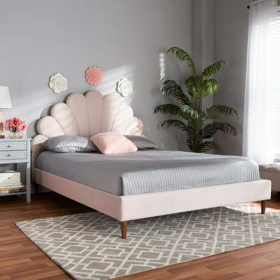 Homestock Retro Relaxation Light Pink Velvet Upholstered Walnut Brown Finished Wood Queen Size Seashell Shaped Platform Bed, Includes Headboard, Slat, 64.96"L X 44.29"W X 10.53"H