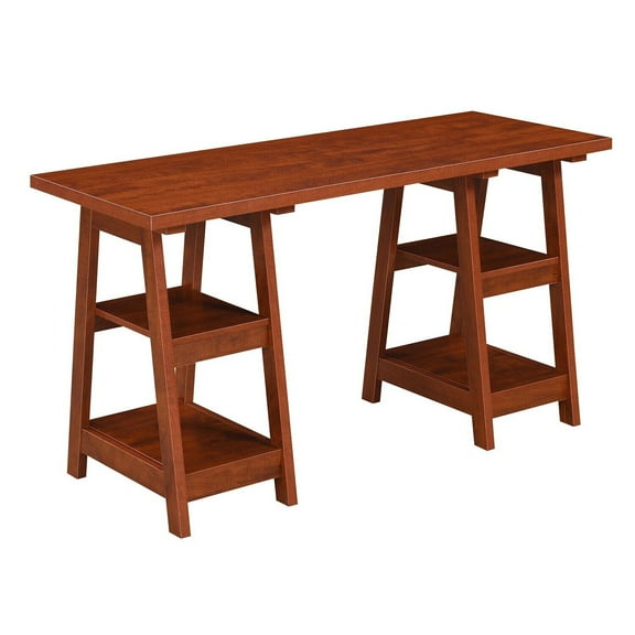 Retro Desk with Shelves - Cherry Finish Trestle Table, 54" Wide Workstation