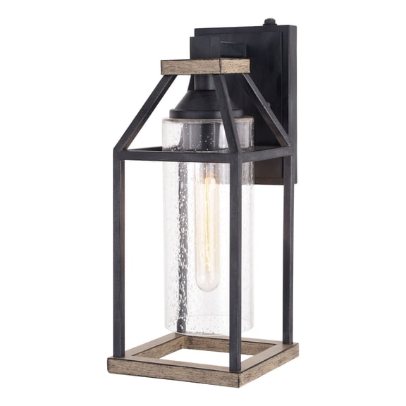 Outdoor Wall Lantern Black Wood Dusk to Dawn Light Fixture - 6.25 Inch Clear Glass Sconce