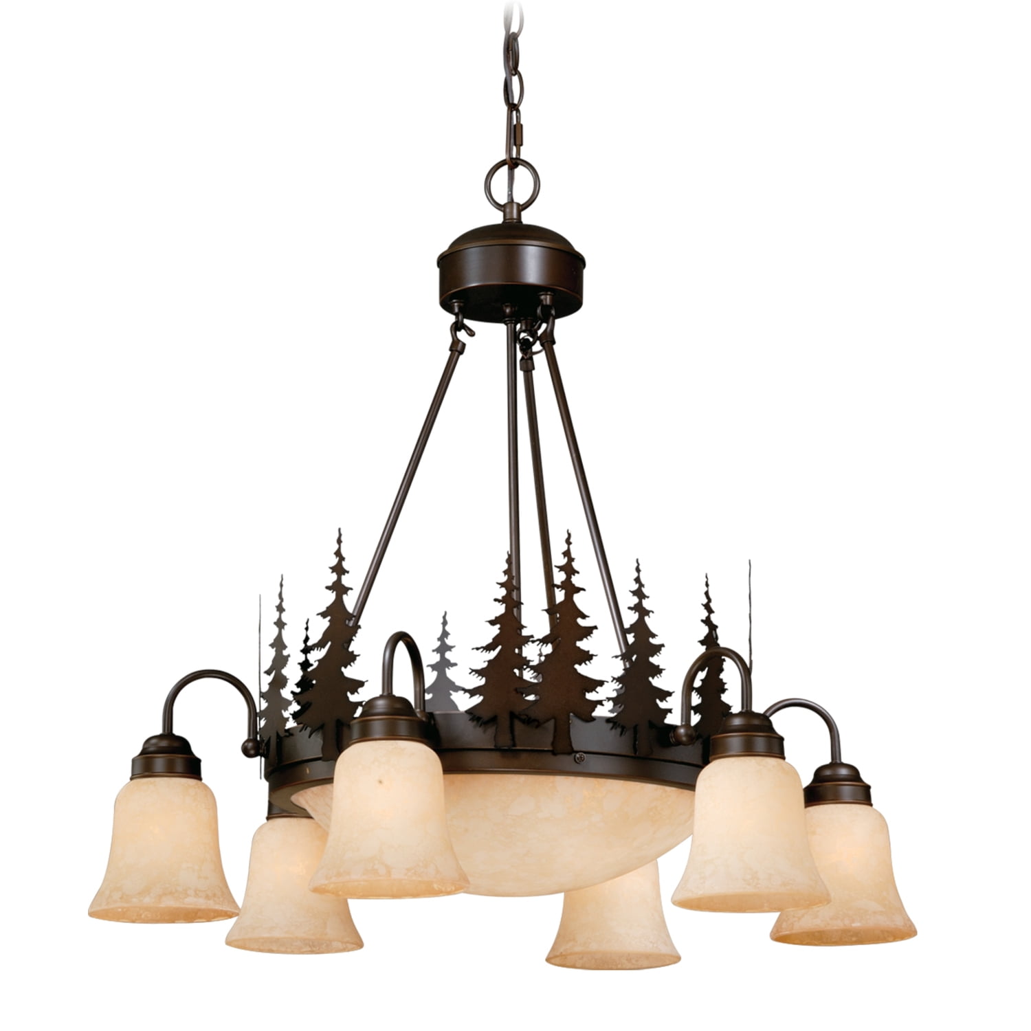 Yosemite Rustic Bronze Tree Silhouette Chandelier with Amber Flake Glass