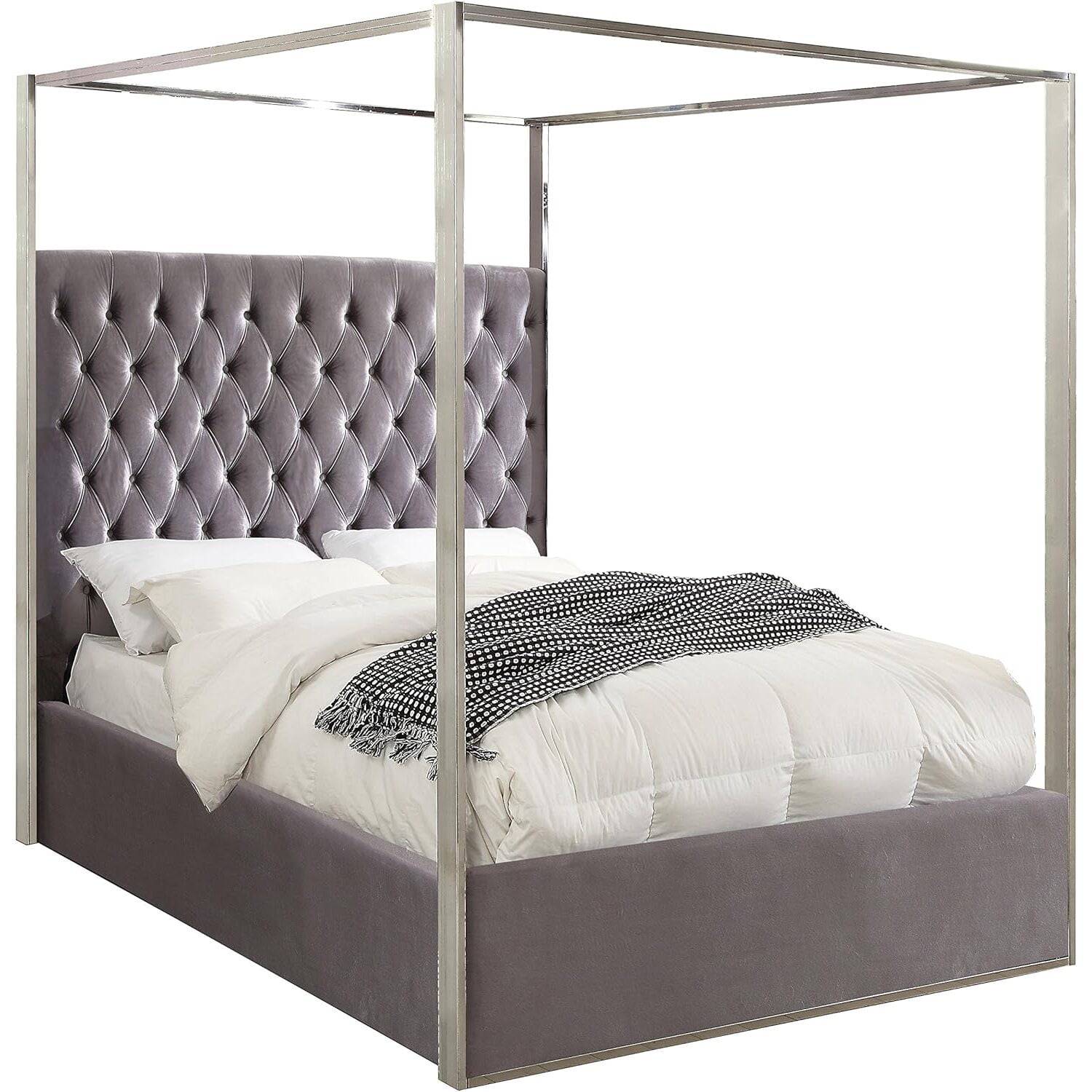 Regal Grey Velvet Tufted Queen Canopy Bed with Chrome Frame