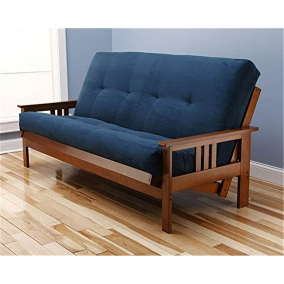 Homestock Contemporary Cool Full Size Hardwood Futon Frame Set in Barbados Finish with Mattress, Easily Converts to Bed - 79"L x 37"D x 33"H-Color:Suede Navy,Size:Without Storage Drawers
