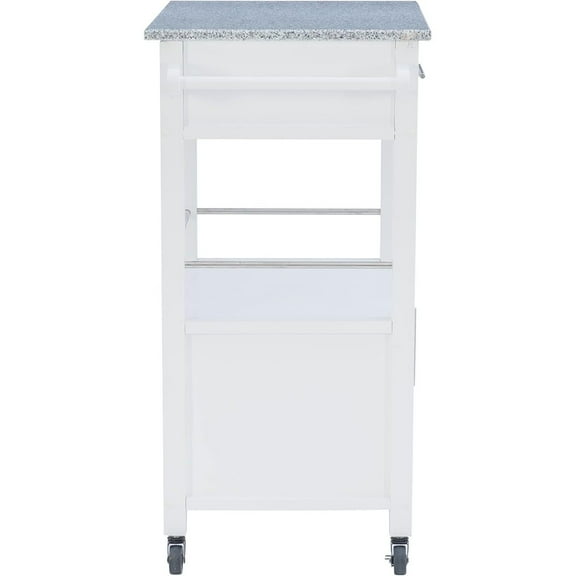 Kitchen Island Cart with Granite Top, Towel Bar & Locking Wheels - Rustic Ranch Storage Island - White MDF & Metal