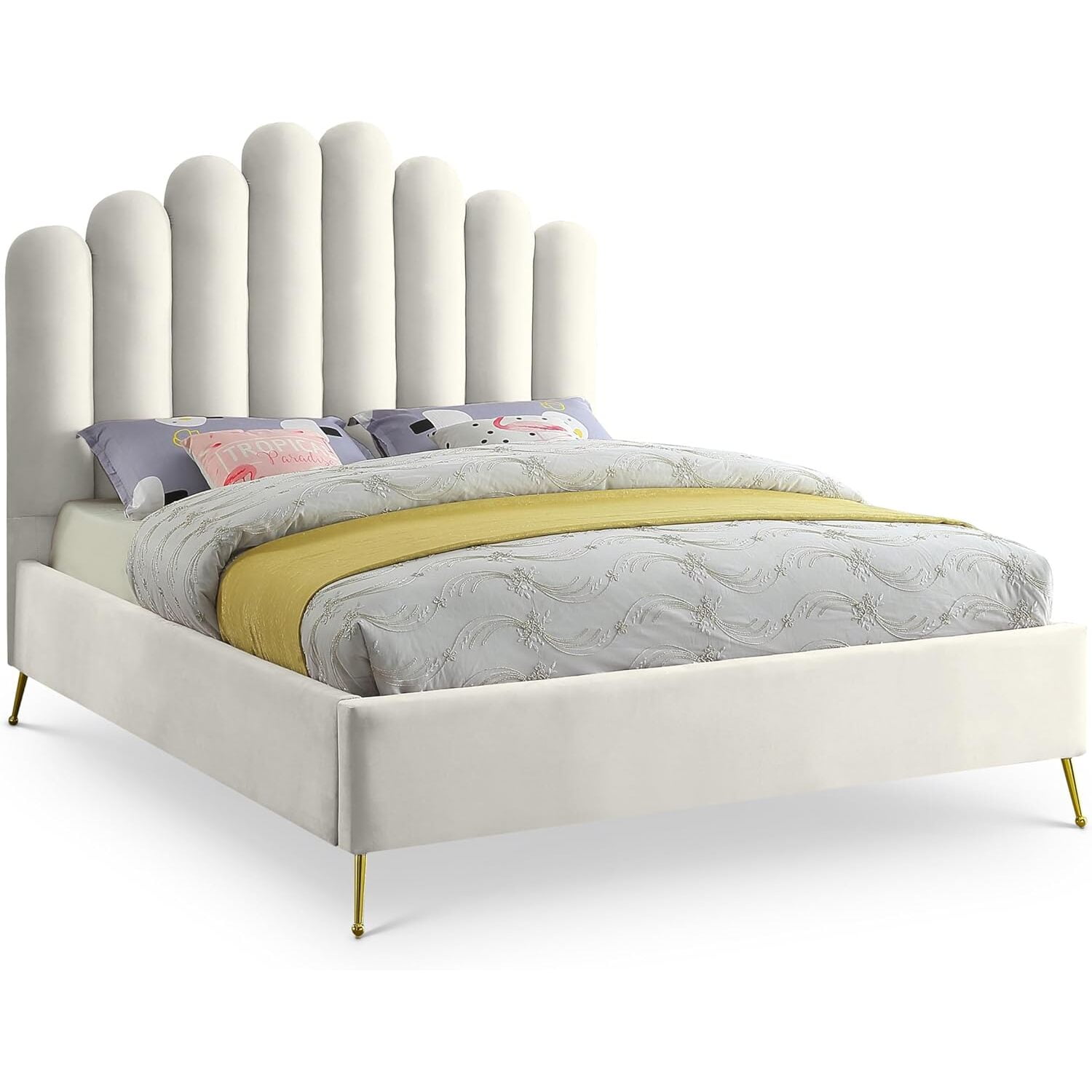 Queen Cream Velvet Tufted Upholstered Metal Frame Bed