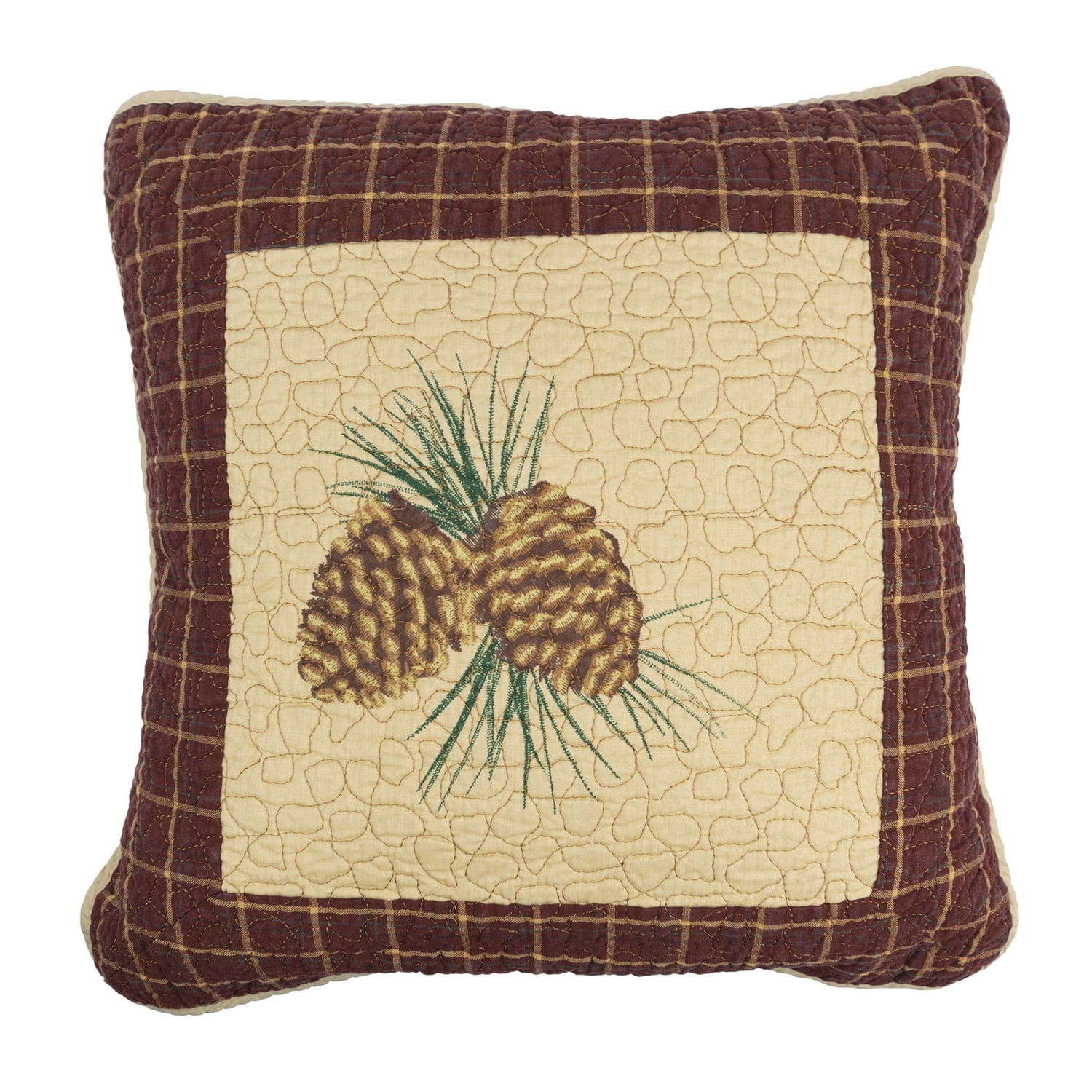 Rustic Pine Cone Embroidered Cotton Square Pillow