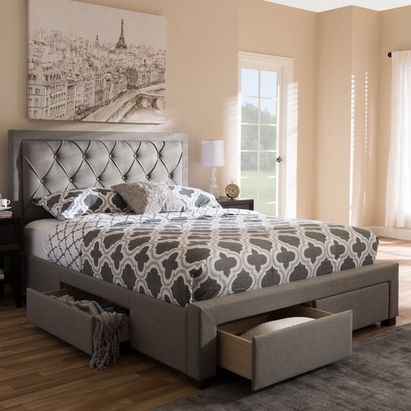 Homestock Rustic Revival Light Grey Fabric Upholstered Storage Bed with Button-Tufted Headboard, King Size, 86.81"L x 62.6"W x 48.11"H, Includes Footboard and Siderail Drawers