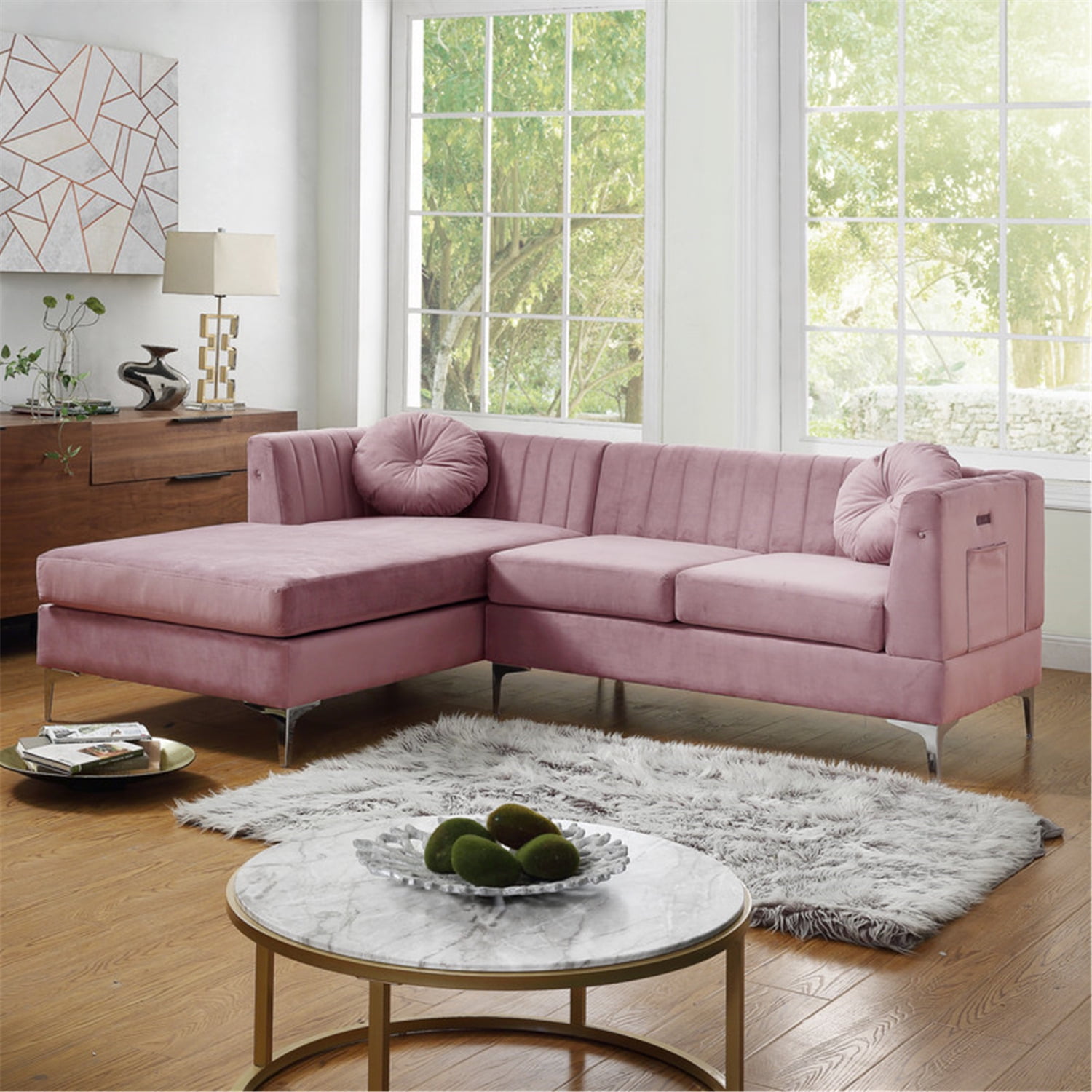 Homestock Rustic Revival Pink Velvet Sectional Sofa Chaise with USB Charging Port