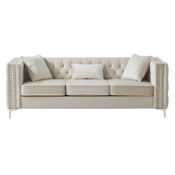 HomeStock Rustic Revival Sofa in Ivory, Stylish Velvet Sofa with Jeweled Button Tufting and Chrome Plated Legs, Comfortable Design with Throw Pillows Included , 86" x 34" x 30".