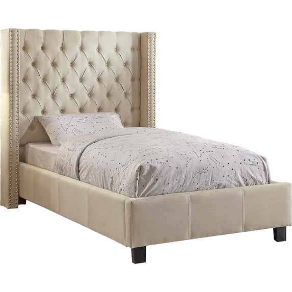 Linen Upholstered Wingback Bed with Nailhead Trim & Solid Wood Legs