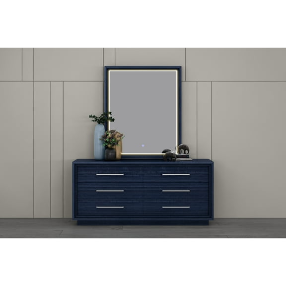Modern Dresser 6 Drawer, Sapphire Blue High Gloss Chest of Drawers, Stainless Steel Handles