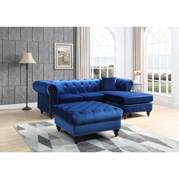 Navy Blue Sofa Chaise Sectional - Velvet Chesterfield Couch with Pocket Coil Seating - 98" Stylish Comfort