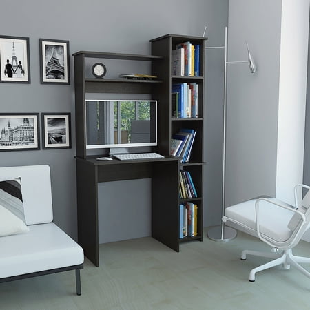 Homestock Southwestern Sanctuary Collection Free Standing Home Office Computer Desk, Study Writting Desk W/ 2 Top Shelves And Attached Bookcase With 5 Shelves. Espresso Finish For Small Spaces