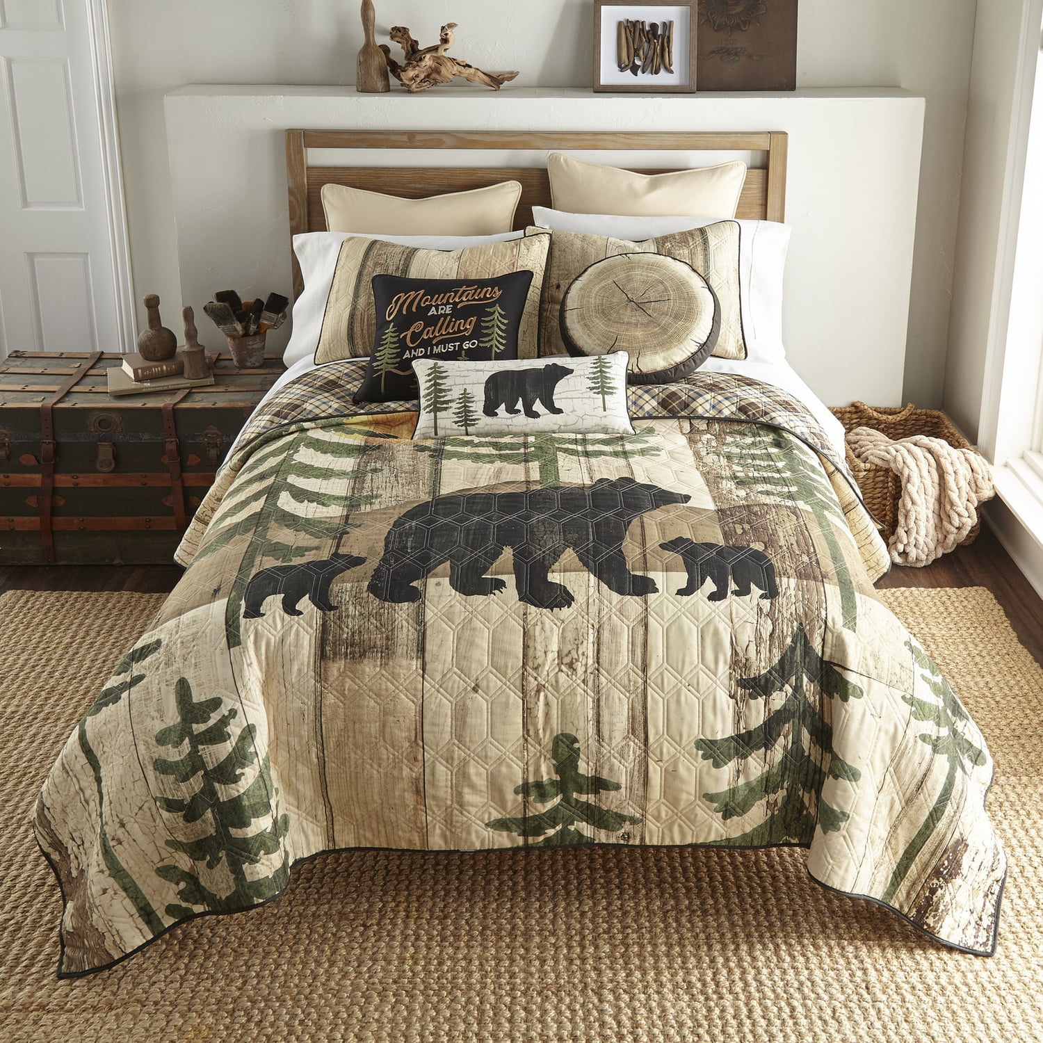 Rustic Black Bear and Plaid Reversible King Microfiber Quilt Set