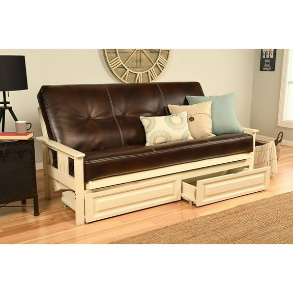 Homestock Timeless Tradition Full Size Futon Frame Set in Antique White Finish with Mattress, Easily Converts to Bed, 33"H x 79"L x 37"D-Color:Oregon Trail java,Size:With Storage Drawers