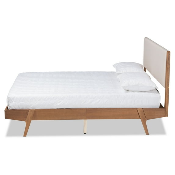 Queen Size Platform Bed with Padded Headboard - Beige FabricWalnut Finish - Modern Bedroom Furniture