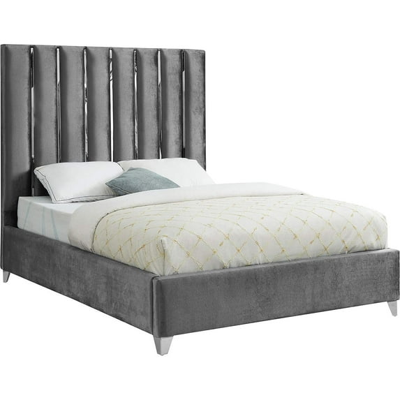 Homestock Elegant Escape Modern , Contemporary Velvet Upholstered Bed with Deep Channel Tufting and Chrome Accent Design, Low-Profile Bed-Color:Grey,Size:Full