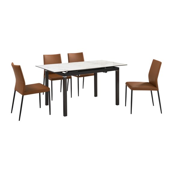 Extendable Dining Set - 5 Piece TableChair Set - Modern Parsons Style - Faux Leather Dining Room Furniture