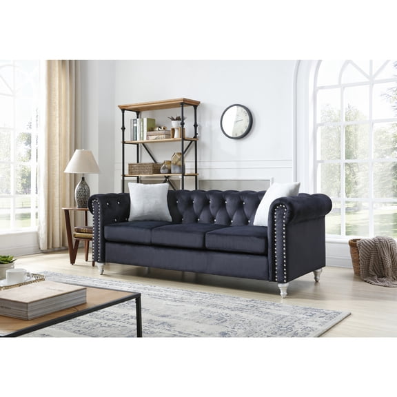 Black Sofa - Modern Living Room Couch, Velvet Upholstered Sofa, Comfortable Sofa