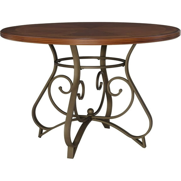 Homestock Tribal Treasures Table - 45" Dia. x 29.5" H, Brushed Faux Cherry Wood, Matte Bronze Metal, Curved Bottom, Some Assembly Required