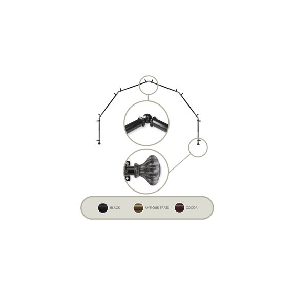Bay Window Curtain Rod - 13/16 Inch Single Rod - Black Corner Drapery Hardware
