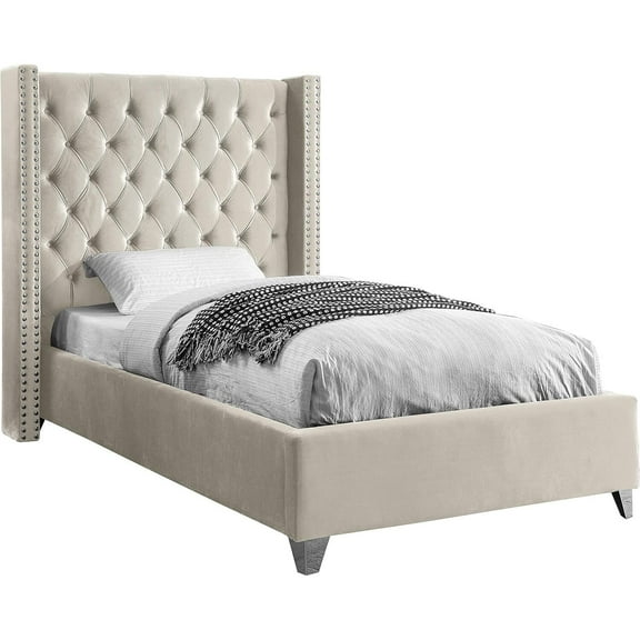 Homestock Gothic Grace Modern Contemporary Velvet Upholstered Bed with Deep Button Tufting, Solid Wood Frame, and Custom Chrome Legs-Color:Cream,Size:Twin