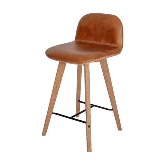 Leather Counter Stool - Tan Urban Oasis, Solid Oak Wood, Foam Cushion, 24" Height