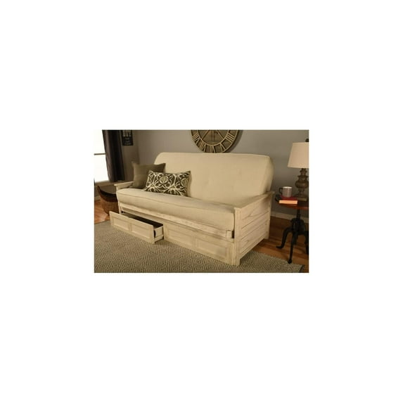 HomeStock Rustic Refinement Full Size Weathered Finish Futon Frame Set with Storage Drawers and Mattress, 79"L x 37"D x 33"H-Color:Cream,Size:Weathered White