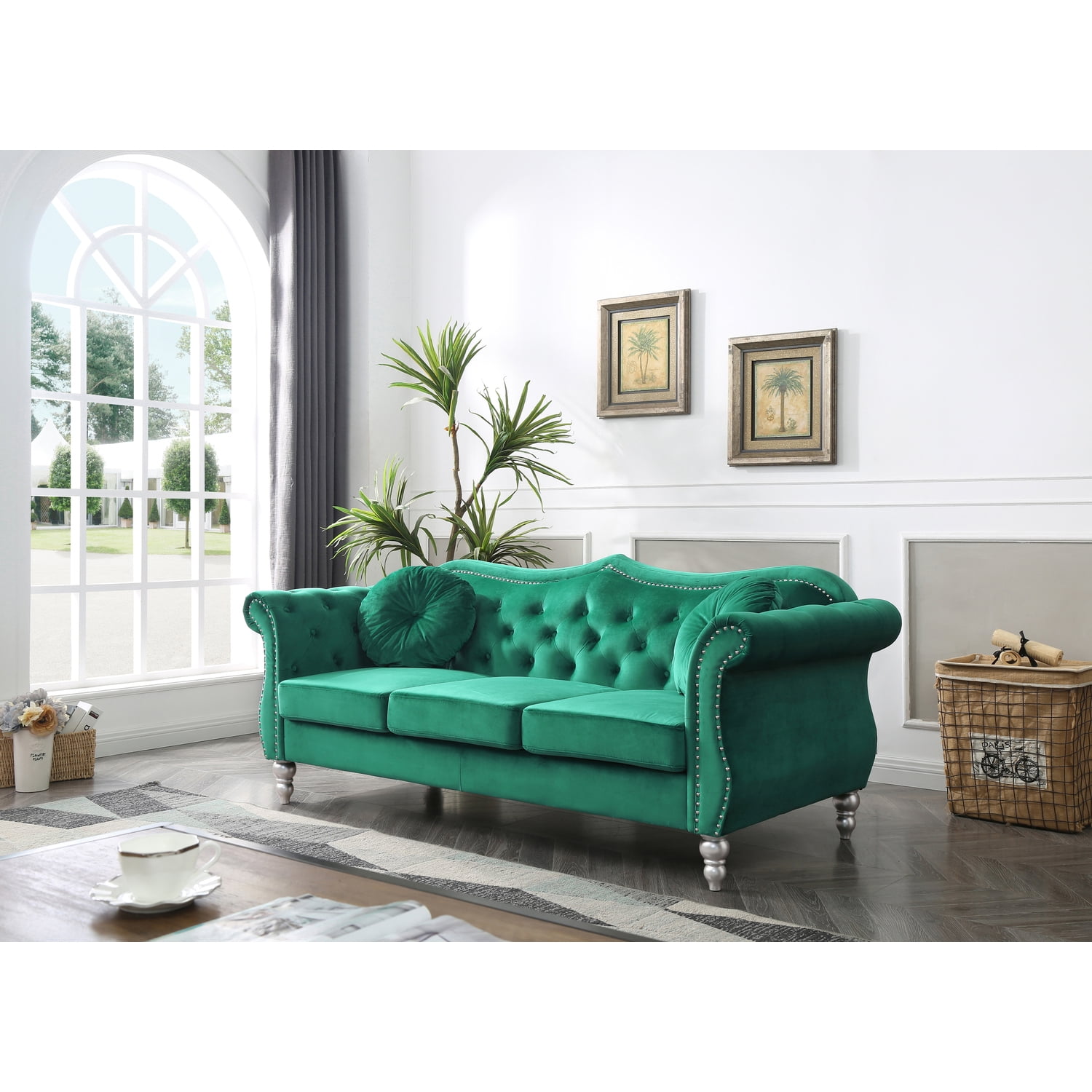 HomeStock Urban Upmarket Sofa, Green Velvet Tufted Transitional Design with Nailhead Details, Pocket Coil Seat Cushions, Matching Throw Pillows, 82