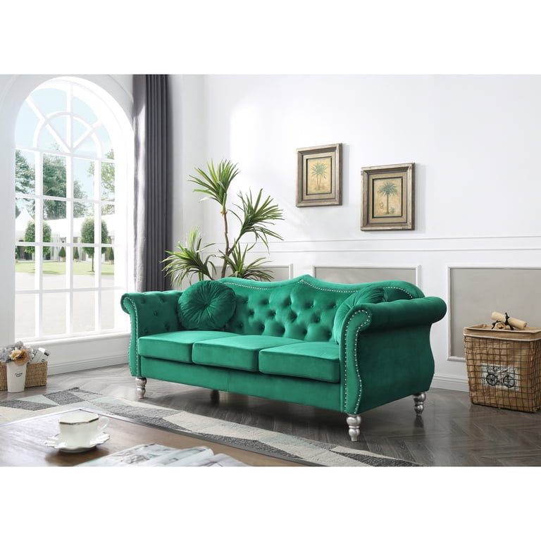 HomeStock Urban Upmarket Sofa, Green Velvet Tufted Transitional Design with Nailhead Details, Pocket Coil Seat Cushions, Matching Throw Pillows, 82