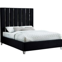 Homestock Elegant Escape Modern , Contemporary Velvet Upholstered Bed with Deep Channel Tufting and Chrome Accent Design, Low-Profile Bed-Color:Black,Size:King