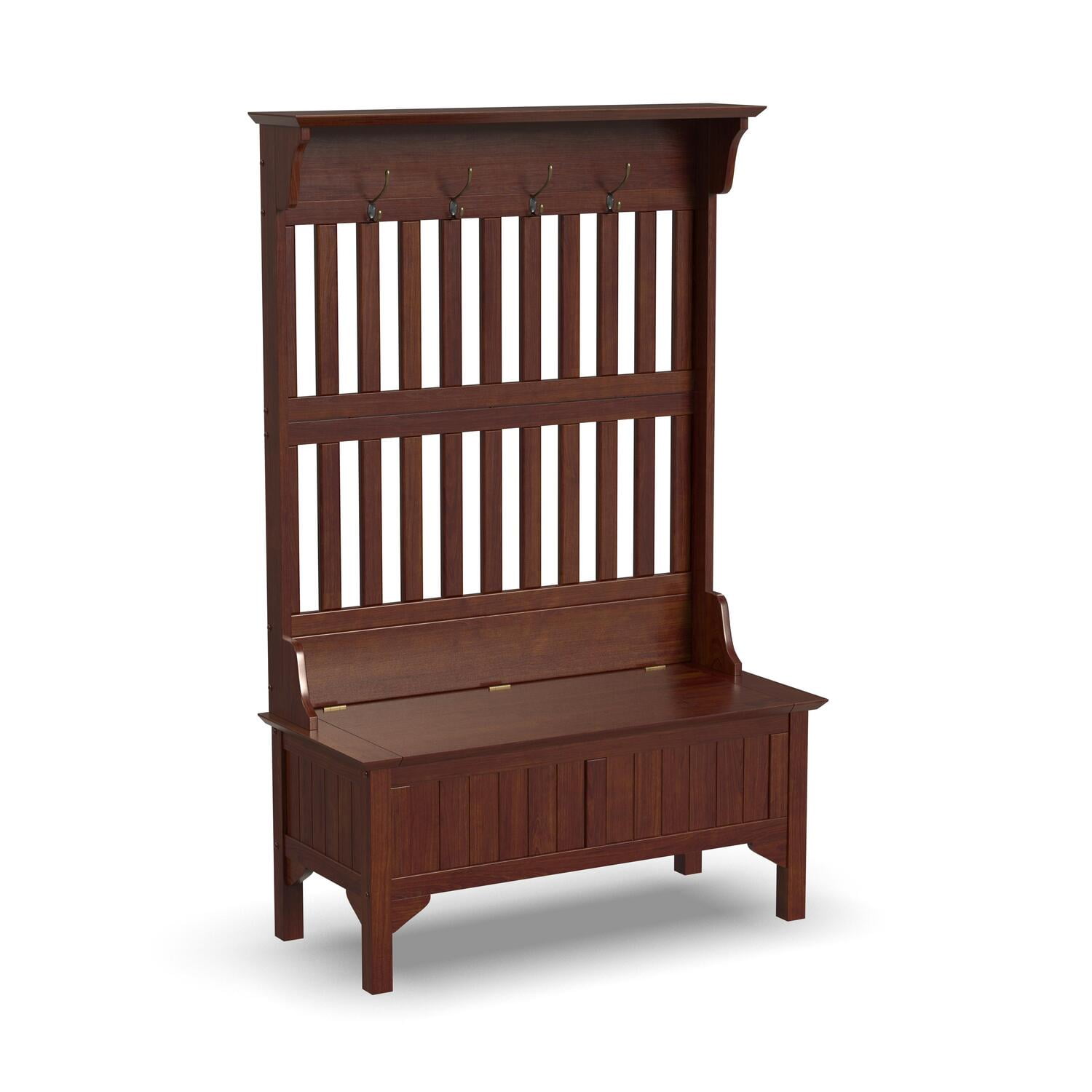Cherry Finish Hall Tree with Storage Bench and Brass Hooks