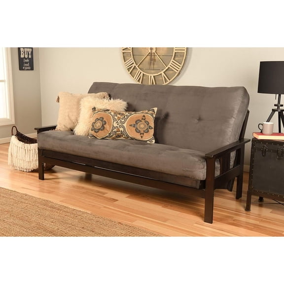 Homestock Modern Minimalism Wooden Futon Frame Set in Espresso Finish, Futon Frame with Mattress, Straight Arm, Versatile and Convertible Design Futon Frame for All Spaces-Color:Suede Gray,Size:Full F
