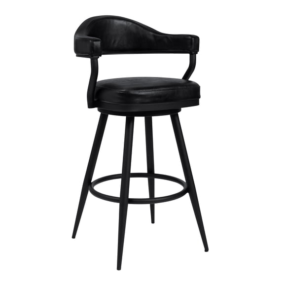 Victorian Vibes 26" Counter Height Swivel Vintage Black Faux Leather Bar Stool with Black Metal Legs, Ergonomic Design, 22" W x 23" D x 38" H.