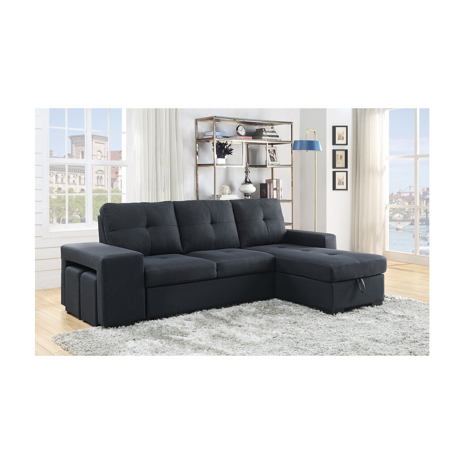 Homestock Victorian Vibes Dark Gray Linen Sleeper Sectional Sofa with ...