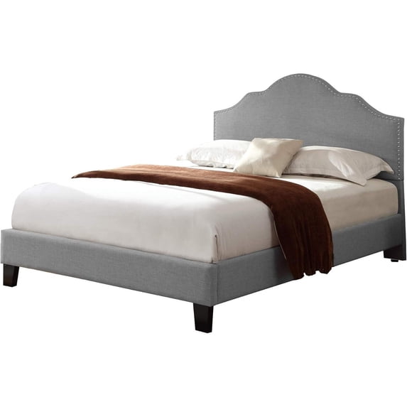 King Size Bed Upholstered Gray Victorian Style, Nailhead Trim Platform Bed, Bedroom Furniture